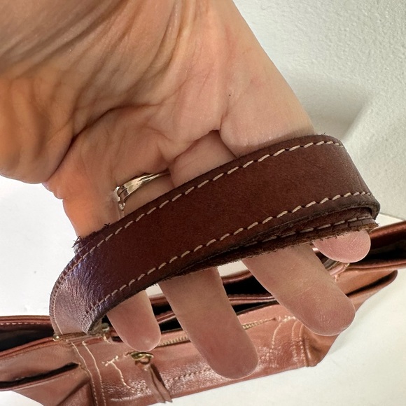 MARGOT Brown Leather Double Handle Satchel Multiple Pockets Brushed Brass - Picture 3 of 9